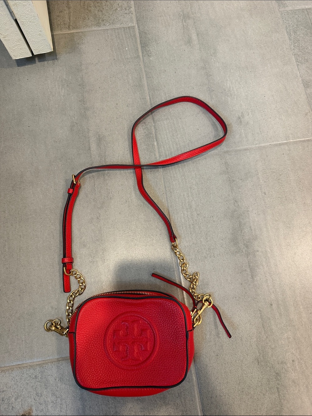 Tory Burch Red Pebbled Leather Crossbody with Gold Chain
